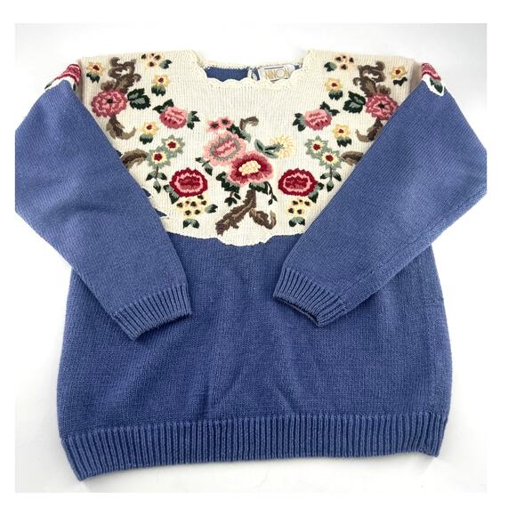 Vintage Ninon de Lenclos Sweater Women Small Light Blue Embroidery Floral Granny - Picture 1 of 9